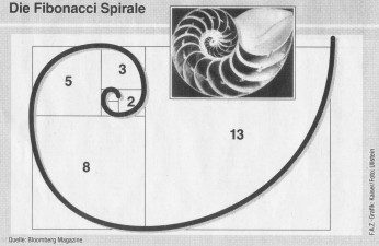 „Die Fibonacci Spirale“ – Beispiel für eine sogenannte Kursanalysetheorie. „Definiere einen Zeitraum. Ermittle rückblickend das Kurshoch und –tief in dieser Zeit. Teile den Preisabstand, einmal ausgehend vom Hoch, dann vom Tief, nach Fibo-Proportionen, nämlich durch 1 und 0,5, ferner durch 0,618 (dem goldenen Schnitt zwischen zwei benachbarten Zahlen) und durch 0,236 (dem Verhältnis zwischen einer Fibo-Zahl und der übernächsten Fibo-Zahl). So ergeben sich sieben Werte, die in das Diagramm eingezeichnet werden.“ Wer möchte kann auch noch den aktuellen Punktestand von Bayern München einrechnen und dann das Datum vorhersagen, an welchem er Aktien kaufen muss...