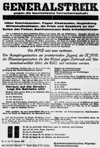 Aufruf der KPD zum Generalstreik im Januar 1933