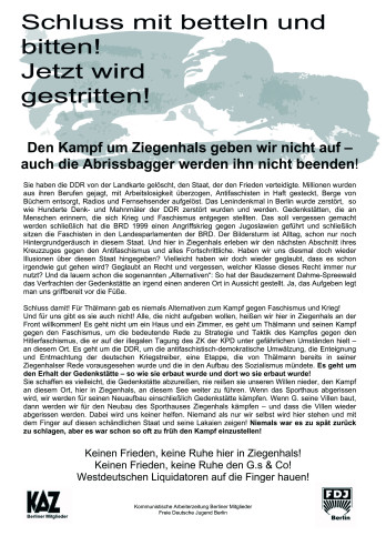 Dieses Flugblatt wurde am 17. April auf der Kundgebung an der Ernst-Thälmann-Gedenkstätte in Ziegenhals verteilt.