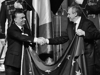 Viktor Orban und Belgiens Yve. (Übergabe der Ratspräsidentschaft von Belgien an Ungarn)