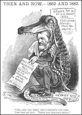 Wir sollten genau hinhören, was da unter unserer Losung „Solidarität“ verkauft werden soll: Gaunerkomplizenschaft und Krokodilstränen als Ausdruck geheuchelten Mitgefühls (mit unseren bedrängten Partnern). Schließlich stoßen Krokodile ein Augensekret ab – beim Fressen. (Eine Karikatur von Bernhard Gillam über den US-Präsidenten Ulysses S. Grant, der 1882 um jüdische Wähler warb, indem er Krokodilstränen über die Judenpogrome im zaristischen Rußland vergoß, selbst aber im Dezember 1862 befohlen hatte, alle Juden aus Mississippi, Kentucky und Tennessee zu vertreiben.)