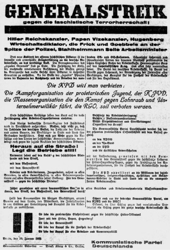 Aufruf der KPD zum Generalstreik im Januar 1933