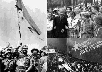 Solidarität mit Vietnam: Rechts oben: Ho Chi Minh besucht in der DDR das Pionierzeltlager „Helmuth Just“ am Wukensee bei Biesenthal (Juli 1957).   Rechts unten: Internationaler Vietnamkongress in der TU Berlin mit 5.000 Teilnehmern und 44 Delegationen aus 14 Staaten (Februar 1968).   Links: Fidel Castro auf Staatsbesuch in Nordvietnam (1973).