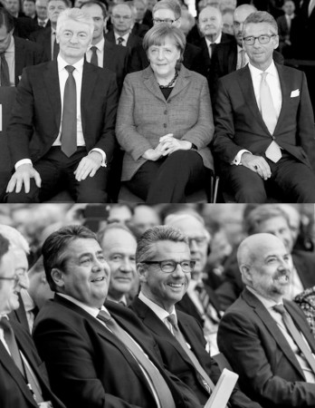 BDI-Tagung in Berlin (Oktober 2016): Damit sie die Republik nicht weiter nach rechts rücken, sondern wir den Weg nach links öffnen können – Kommunisten unterstützen!   Oben (v.l.n.r.): Heinrich Hiesinger (Thyssen Krupp AG), Kanzlerin Merkel, Ulrich Grillo (BDI-Präsident).   Unten (v.l.n.r.): Wirtschaftsminister Gabriel, Ulrich Grillo, Markus Kerber (BDI-Vorsitzender).